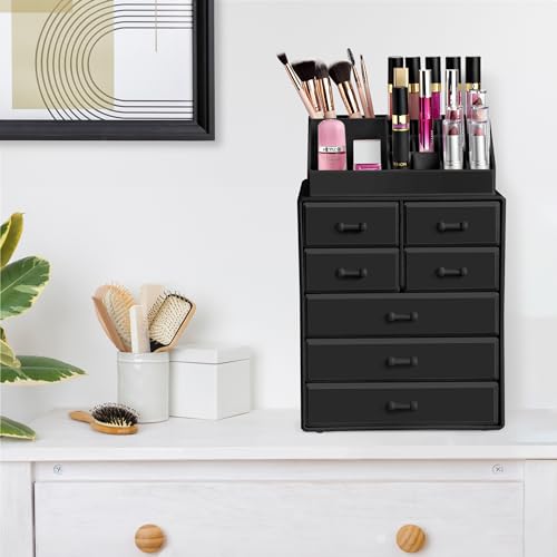 Sorbus Makeup Organizer, Brush Holder and Make Up Storage Drawers - Acrylic Makeup organizer for vanity, Bathroom - Cosmetic Display Cases with 3 large, 4 Small Drawers & 1 Tray for Makeup Brush - color: Black, size: Extra Large