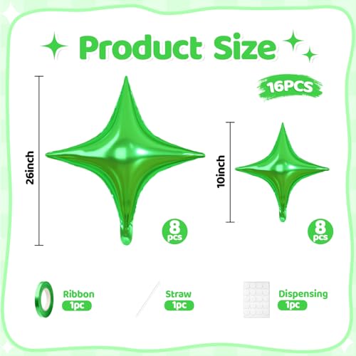 Green Star Balloons, 16 PCS Four Angle Star Foil Balloons, 26 Inch and 10 Inch Green Stars Shaped Balloon for Graduation Birthday Baby Shower Anniversary Retirement Engagement New Year Party Decor - color: Green