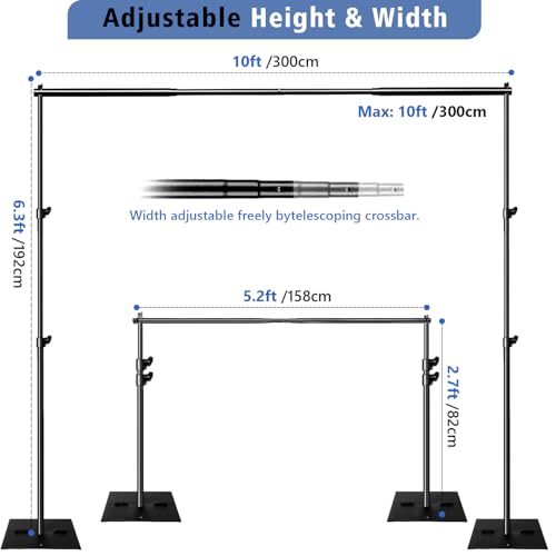 SLOW DOLPHIN Pipe and Drape Photography Backdrop Stand Kit Adjustable Photo Background Stand 10ft x 6.5ft with Metal Base for Parties Weddings Birthday Party Events Photo Booth