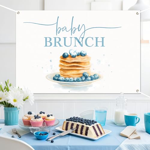 Blueberry Baby Brunch Backdrop Brunch Themed Party Decorations Breakfast Food Photography Background Blue White for Boys Girls Let's Brunchs Theme Baby Shower Indoor Outdoor Photo Props 5 * 3ft - color: dark blue