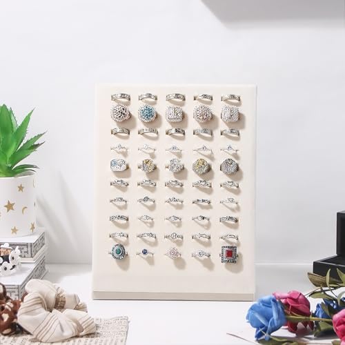 Ring Display Stand, Velvet Ring Holder, 50 Slots Rings Organizer Jewelry Display Tray, L-Shaped Jewelry Organizer Stand for Rings Earrings Selling (2, Beige) - color: Beige