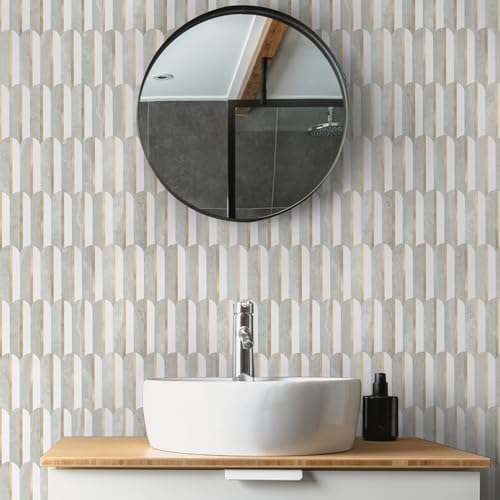 OYAISIMI 10 Sheets Seamless Peel and Stick Backsplash Tile for Kitchen,White and Gray Stone PVC Mixed Light Gold Self Adhesive Fish Scale Metal Mosaic Tiles - color: Gray Stone+Pure White+Light Gold