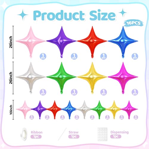Colorful Star Balloons, 16 PCS Multicolor Four Angle Star Foil Balloons, 26 Inch and 10 Inch Stars Shaped Balloon for Graduation Birthday Baby Shower Anniversary Engagement Wedding Party Decorations - color: Colorful