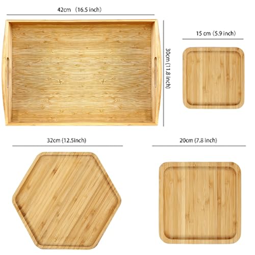 Bamboo Serving Trays Cutting Boards 16.5"x11.8"(42x30cm with Handle, Set Includes 0.63"(1.6cm) Thick Plates 1xHexagon 12.5"(32cm)+1xSquare 7.8"(20cm)+1xSquare 5.9"(15cm) for Family Dinner - color: 0.63"(1.6cm) Thick 1xhexagon 12.5"(32cm)+1xsquare 7.8"(20c