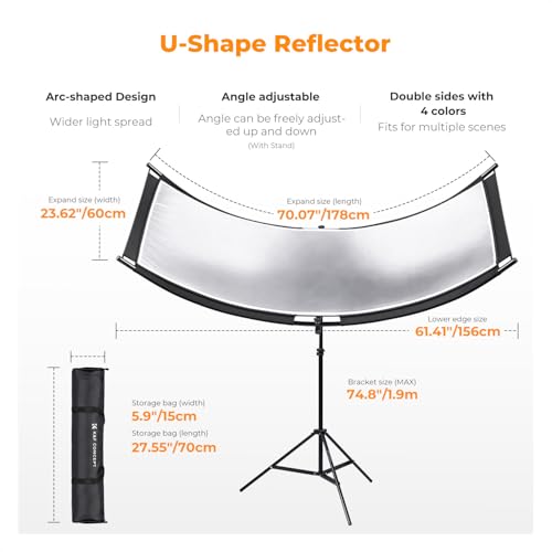 K&F CONCEPT U-Shape Reflector Curved Reflector 180x60cm with 4-in-1 Reflective Fabric, Black/Gold/White/Silver, with 1.9m Stand, with Storage Bag, for Photography Studios - size: 70.8*23.6inch