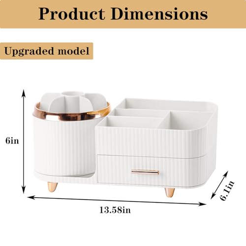 Rotating Makeup Organizer for Vanity with Brush Holder and Drawer, Cosmetic Makeup Storage, Large Spinning Makeup Skincare Organizer, Countertop Makeup Perfume Organizer, Lotions Display Case (White) - color: With Drawer-White