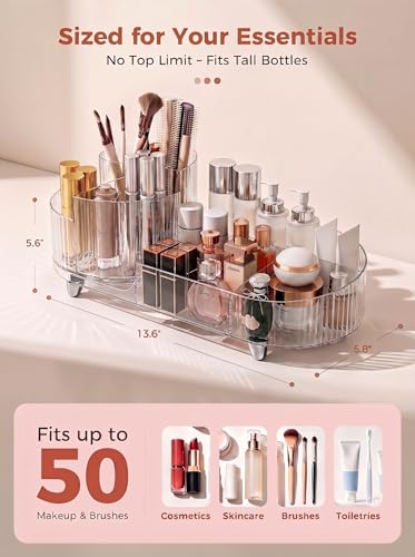 Booklov Rotating Makeup Organizer for Vanity, Large Capacity Cosmetic Display Case, Clear Acrylic Countertop Beauty Storage Holder for Skincare, Brush Eyeshadow Lipstick, Counter Desk, Crystal Clear - color: Crystal Clear, size: L01