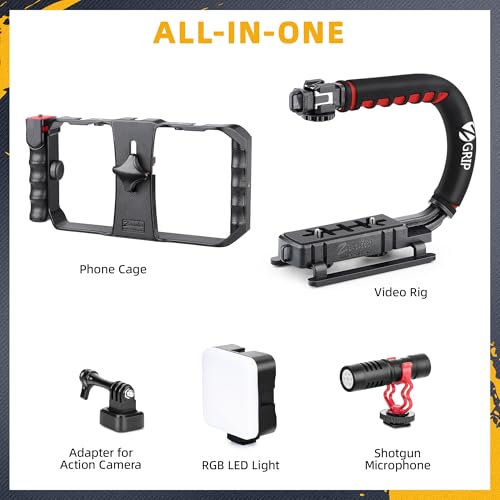 Zeadio All-in-One Smartphone Camera Stabilizer Kit, Portable Handheld Video Rig with RGB Video Light and Microphone, Fits for All Camcorder, Camera, DSLR and All iPhone and Android Smartphones - style: Pro Kit
