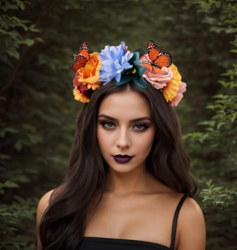 Elegant Butterfly Flower Headband for Women Boho Handmade Rose Floral Crown Wedding Bridal Festivals Cosplay Prom Photo Props Headpiece (C2 blue, Adjustable) - color: C2 blue