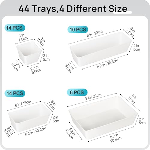 Vtopmart 44 PCS Plastic Drawer Organizers Set, 4-Size Versatile Bathroom and Vanity Organizer Trays, Non-Slip Storage Containers for Makeup, Jewelries, Bedroom,Kitchen Utensils and Office, White - color: White