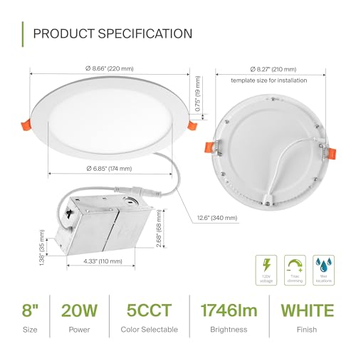 ASD 1 Pack 8 Inch LED Recessed Light 20W, 5 CCT 2700K-5000K CRI90+, IC Rated Ultra Thin Dimmable Ceiling Lights with J Box, Canless Wafer Downlight, Round Slim Panel Lighting, UL Listed, White - color: White, size: 8 Inch 1 Pack