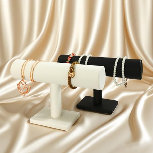 Jewelry Organizer Stand for Women - T-Bar Bracelet, Watch & Hair Tie Storage Display Rack with Travel-Friendly Design(White PU Leather) - color: White PU Leather