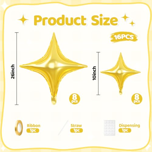 Gold Star Balloons, 16 PCS Four Angle Star Foil Balloons, 26 Inch and 10 Inch Gold Stars Shaped Balloon for Graduation Birthday Baby Shower Anniversary Retirement Engagement New Year Party Decorations - color: Gold
