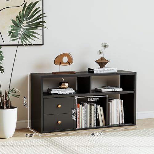 Metal 5 Cube Storage Organizer, Black Short Bookshelf with Storage, 2 Tier Cube Storage Shelf, Small TV Stand Entertainment Center, Side Table for Living Room, Office, Study, Easy Assembly - color: Black, size: 5 Cube-21.6"H