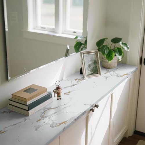 practicalWs Glossy Marble Wallpaper Peel and Stick White/Gold Granite Contact Paper Removable Wall Paper for Kitchen Countertop Cabinet Furniture 11.8" x 78.7" - color: Gold/White, size: 11.8" x 78.7"