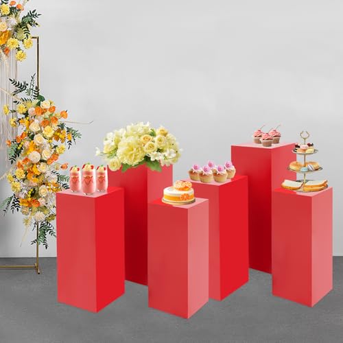 6PCS Square Display Pedestal Stands for Parties, Metal Display Stand Plinth Pillars Tall Pedestals Cake Stands for Wedding Birthday Art Decor Risers (Red) - color: Red