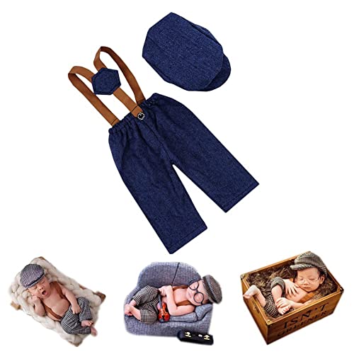 Newborn Monthly Baby Photo Props Stripe Checked Flat Cap Newsboy Suspender Pants Romper for Photography Outfits - color: Blue