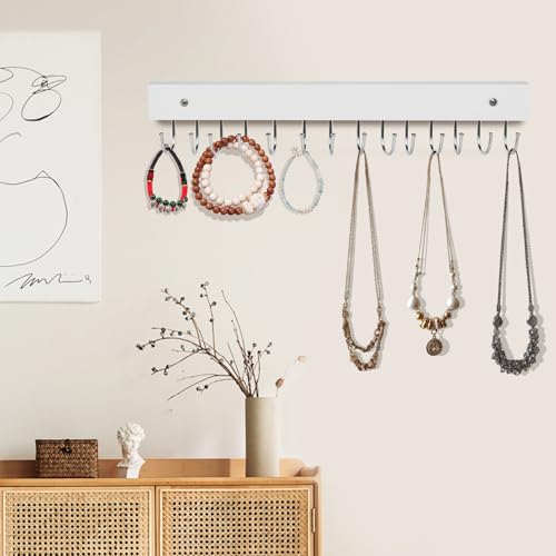 Necklace Holder Wall Mounted Jewelry Organizer - 2 Pack Wooden with 28 Hooks, Hanging Earring & Ring Bracelet Storage, Decorative Space-Saving Jewelry Display (White) - color: White