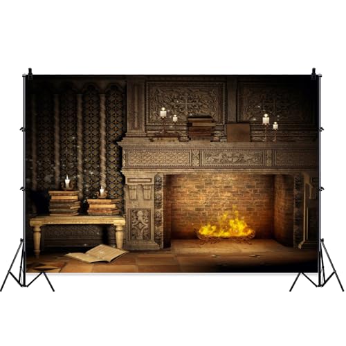 Laeacco Fantasy Room Interior Backdrop 10x8ft Vintage Brick Wall Flame Fireplace Photography Backdrop Magical Books Candle Retro House Background Halloween Theme Party Decoration Photo Props - size: 10x8ft