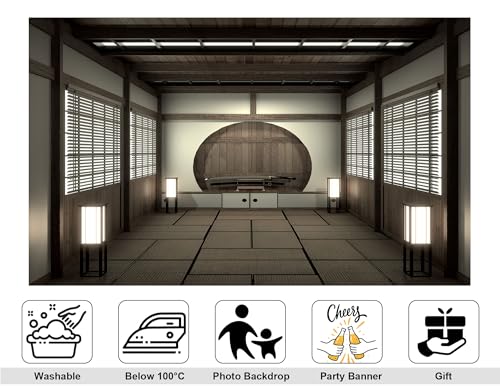 12x8ft Japanese Style Samurai Room Backdrop Katana Display Round Niche Photography Background for Cultural Event and Traditional Home Decor Tapestry Photo Booth Props - size: 12x8ft
