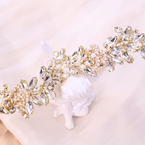 Adjustable Flower Crown Headband for Women - Floral Garland Hair Wreath with Crystal Accents Perfect for Weddings Flower Wands Photo Props (Gold Beaded CZ, Adjustable) - color: Gold Beaded CZ