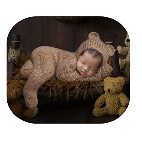 Coberllus Newborn Photography Props Outfits Mohair Bear Hat & Footed Romper for Baby Photo Props Newborn Photo Shoot Props - color: Dark Khaki