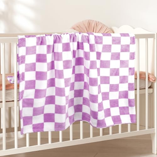 GreatBba Plush Checkered Baby Blanket for Boys Girls Nursery, 30"*40" Warm Short Fleece Blanket Neutral for Infant Newborn, Small Fuzzy for Sleeping, Chenille or Stroller (Purple&White) - color: Purple&white