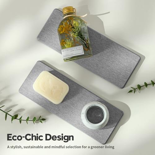 Razborci 2PCS Bathroom Counter Vanity Trays, Water Absorbing Diatomite Stone Quick Drying Mat for Kitchen Sink Counter, Dish Rack Soap Dispenser Sponge Holder Caddy Organizer, Light Gray, 9"x 3.5" - color: 2 Pack - Light Gray, size: 9" X 3.5"