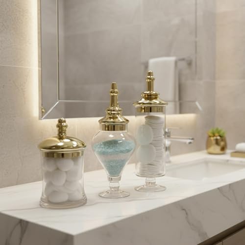 MyGift 3 Piece Set Antique Clear Glass Bathroom Apothecary Jars with Lid, Wedding Centerpiece, Kitchen Storage Jars with Metallic Brass-Tone Design - color: Gold