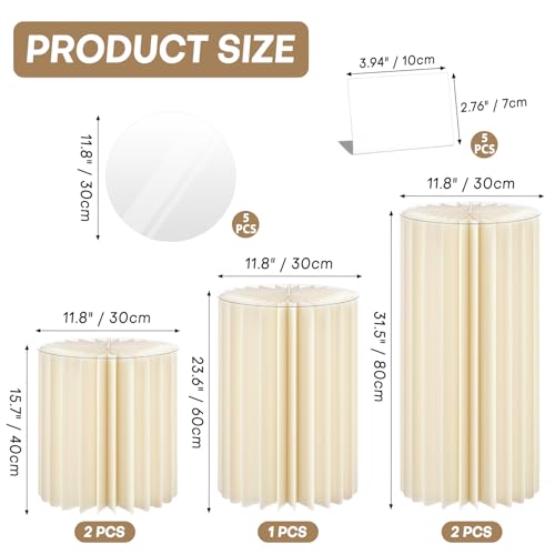 5 Pack Cylinder Stands for Party 15.7" 23.6" 31.5" Height Foldable Cardboard Tall Columns Cylinder Tables Round Cake Pedestal Stands Display Plinth Pillar for Wedding Birthday Party Decor (White) - color: White