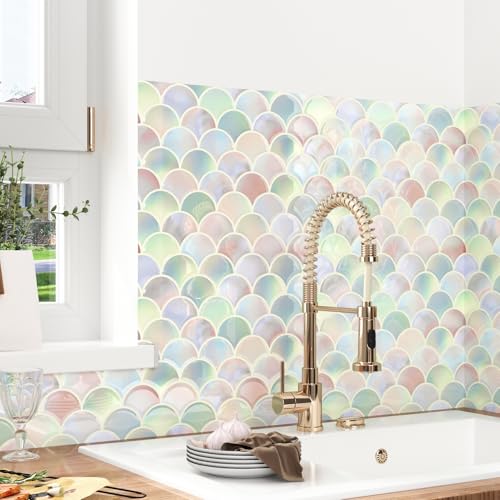WESTICK 10-Sheet Colorful Fish Scale Kitchen Tiles Peel and Stick Backsplash 12" x 12" 3D Shell Shape Stick on Tile Sticker for Bathroom Waterproof Modern Vinyl Stove Backsplash for Bathroom Wall - color: 6.Colorful