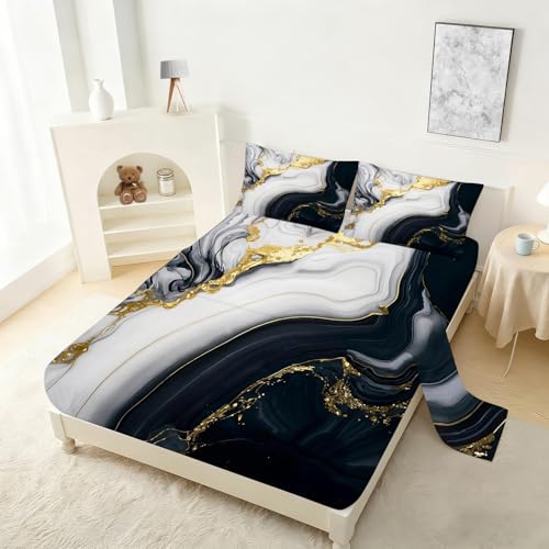 3D Marble Fitted Sheet Set Full Size for Kids Women Men Modern Marble Sheet Sets Soft Microfiber Bed Sheet Black Gold Grayish White Bedspread 1 Fitted Sheet+1 Flat Sheet+2 Pillowcases - color: 3d Marble, size: Full