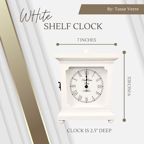 Tasse Verre White Clock for Shelf Table Or Desk 9"x7" - Farmhouse Decor Wood Mechanical Quiet Silent - Office, Bedroom Fireplace Mantel Living Family Room. AA Battery Operated Non-Digital - color: White
