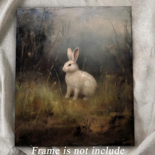 uniro Vintage Bunny Easter Wall Art Prints, Vintage Wild Hare Rabbit Rabbit Canvas Oil Painting Poster for Dark Cottagecore Decor, Country Farmhouse Wall Decor Vintage Animal Art Pictures for Bedroom Gallery Office Bathroom, Dark Academia Decor( 8" x 10"-