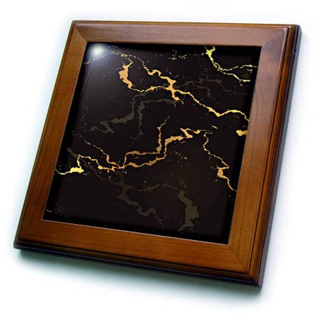 3dRose 8x8 Framed Tile - Image of Black and Yellow Marble Texture, Faux Stone Backdrop Alexis Design - Texture Marble
