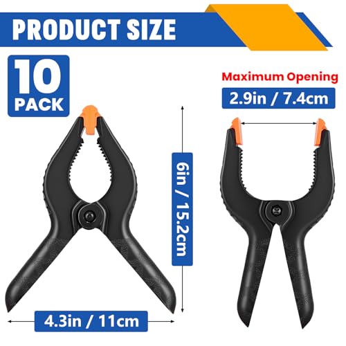 10 Pack 6 inch Plastic Spring Clamps, Black Heavy Duty Clips, Backdrop Clips, Plastic Clamps for Crafts, Backdrop Stand, Woodworking, Photography - size: 6in-10P