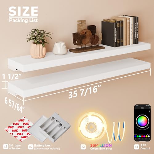 BAMEOS RGB LED Floating Shelves for Wall, 35" Wall Mounted Wooden Shelves with Invisible Brackets, Set of 2, Hanging Wall Shelves for Bedroom, Living Room, Kitchen, Study (White) - color: White-rgb, size: 35 x 7