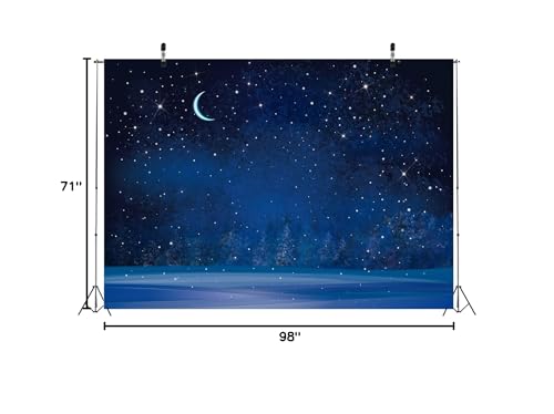 BELECO 8x6ft Fabric Winter Wonderland Night Snowfall Backdrop Blue Starry Sky Moon Stars Snowflakes Fir Trees Pine Forest Snow Scene Background Christmas New Year Party Decoration Photo Studio Props - size: 8x6FT