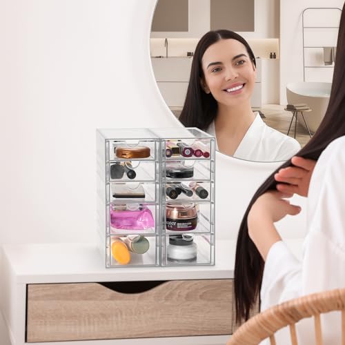 Sorbus Makeup Organizer With 10 Drawers, Acrylic Drawer Organizer for Makeup, Office Organization and Storage, Art Supplies, Jewelry, Stationary - 2 Pcs Clear Stackable Storage Bins Organizer Drawers - size: 10 Drawers