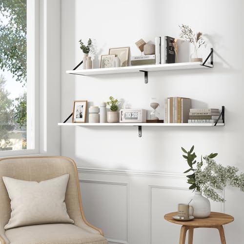 Fun Memories Deep Floating Shelves for Wall, 55W x 8D Wall Mounted Shelves Set of 2, Wide Display Ledge Shelf with Sturdy Metal Brackets for Living Room, Bathroom, Bedroom and Kitchen, White - color: A-white, size: 55"W x 8"D