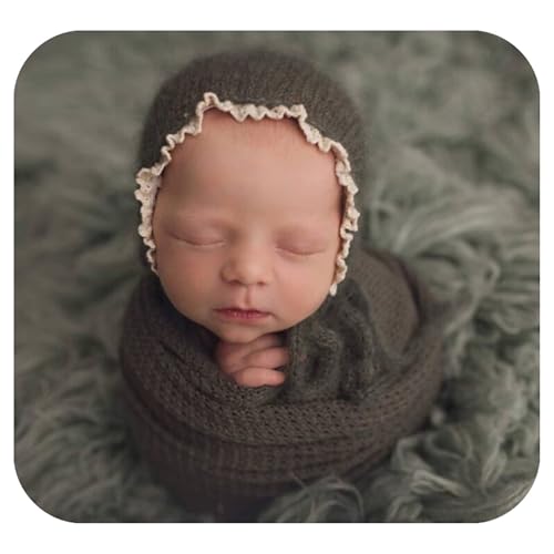 Coberllus Newborn Baby Photography Props Wrap Knitted Blanket Swaddle & lace Edge Bonnet for Boys Girls Photo Shoot Wrap Prop (Brown) - color: Brown
