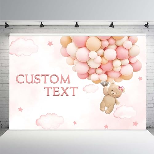 MEHOFOND Custom Bear Baby Shower Backdrop We Can Bearly Wait Baby Shower Party Decorations for Girl Hot Airs Balloons Watercolors Clouds Stars Photography Background Newborn Photo Props(Pink) 10x7ft - color: Custom-Pink, size: 10x7ft