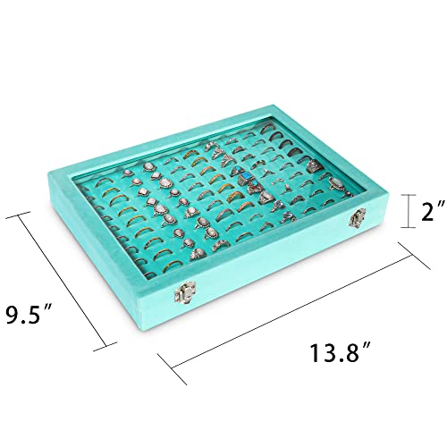 Frebeauty Ring Organizer Tray 100 Slots Ring Holder with Clear Lid Velvet Storage Box Jewelry Tray for Jewelry Store Earring Display Case for Jewelry Show Studs Box for Women(Turquoise) - color: Turquoise