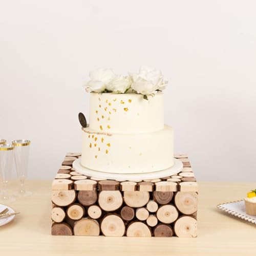 Efavormart 14x14 inch Natural Wooden Slices Square Dessert Stand, Compact Rustic Farmhouse Pedestal Riser with Hollow Bottom for Intimate Celebrations - size: 14"