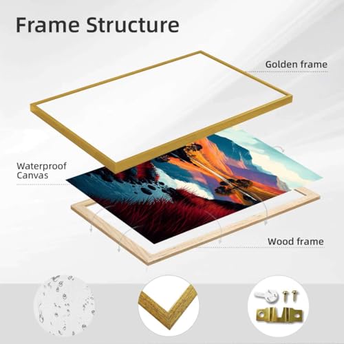 Framed Autumn Mountain Lake Landscape Canvas Print Modern Minimalist Poster Painting Wall Art Stunning Wall Decor for Living Room Bedroom Home Decor Pictures (12L x16W,Gold Framed) - size: 12l"x16w"