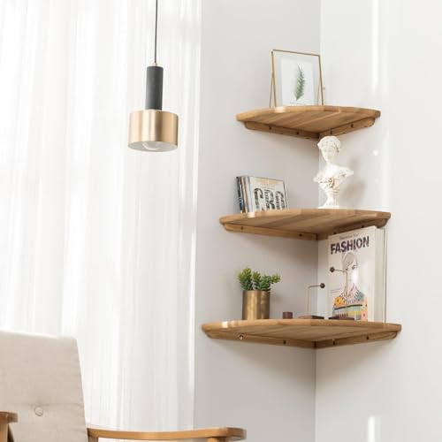 Corner Shelf, Solid Oak Wood Floating Corner Shelf Wall Mount Round End Floating Speaker Shelves with Wire Hole for Small Plant Photo Frame for Bedroom Kitchen, Living Room (Oak, 7.1in) - color: Oak, size: 7.1in