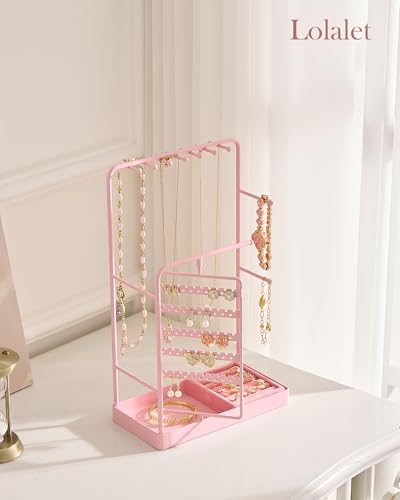Lolalet Jewelry Organizer Stand, No Assembly Needed Display Storage with Rotating Earring Holder for Room Dorm Decor Necklace Bracelet Rings, Gifts for Mom Women Girls Mother's Day -Pink - color: Pink
