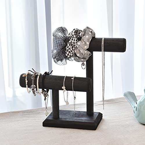 Ikee Design 2 Tier Wooden Jewelry Bracelet Watch Display Tower, Bangle Scrunchie Necklace Holder Storage Stand, 7.9 W x 4.3 D x 9.4 H in, Black Color - color: Black