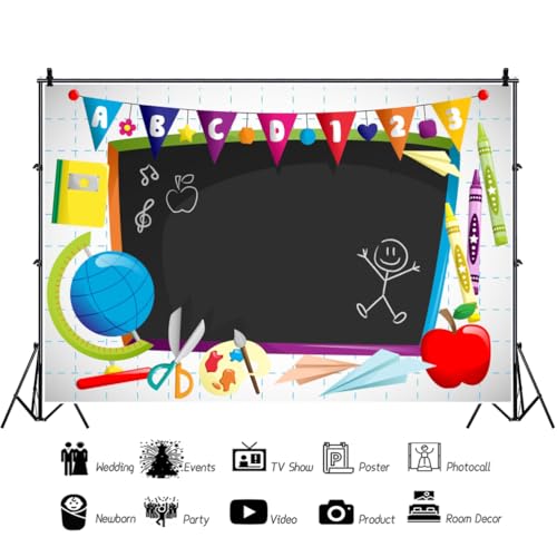 Leyiyi 10x7ft Vinyl Photography Background Welcome to Kindergarten Backdrop Cartoon ABC Letters Black Blackboard Watercolor Pen Paper Airplane Globe Back to School Themed Party Backdrops Banner - color: Black, size: 10x7ft-Vinyl