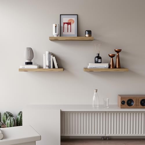Upassion Floating Shelves for Wall Set of 3, 16" Light Brown Wood Wall Shelves for Home Decor, Frame Display Floating Shelf for Living Room, Bedroom, Bathroom, Kitchen - color: Light Ash, size: 16 Inch